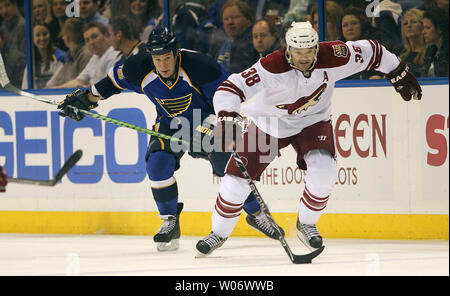 Phoenix Coyotes Vernon Fiddler (38) erhält den Puck hinter St. Louis Blues Cam Janssen in der ersten Periode im Scottrade Center in St. Louis am 31. Dezember 2010. UPI/Rechnung Greenblatt Stockfoto