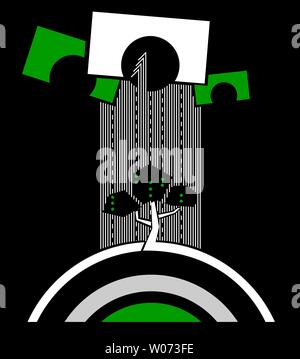 Der Satz von einfachen Formen: ein Baum über dem Regenbogen auf der punktierten Straße zu drei Bögen in verschiedenen Farben. Abstrakte grüne und schwarze Kunst Hintergrund Stockfoto