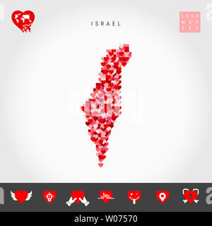 Ich liebe Israel. Rot und rosa Herzen Muster Karte von Israel isoliert auf grauen Hintergrund. Liebe Symbol gesetzt. Stockfoto