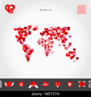 Ich liebe diese Welt. Rot und rosa Herzen Muster Karte der Welt isoliert auf grauem Hintergrund. Liebe Symbol gesetzt. Stockfoto