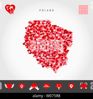 Ich liebe Polen. Rot und rosa Herzen Muster Karte von Polen isoliert auf grauen Hintergrund. Liebe Symbol gesetzt. Stockfoto
