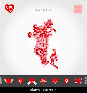 Ich liebe Bahrain. Rot und rosa Herzen Muster Karte von Bahrain isoliert auf grauen Hintergrund. Liebe Symbol gesetzt. Stockfoto