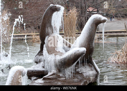 Eine Beschichtung von Eis bedeckt die Dichtung Statue in den Brunnen am Eingang des Saint Louis Zoo in St. Louis am 27. Dezember 2012. Temperaturen in der Nacht um die Mitte 20 mit hohen in den Tag in der 30. Forcasters erwarten, dieses Muster zu letzten mindestens eine weitere Woche. UPI/Rechnung Greenblatt Stockfoto