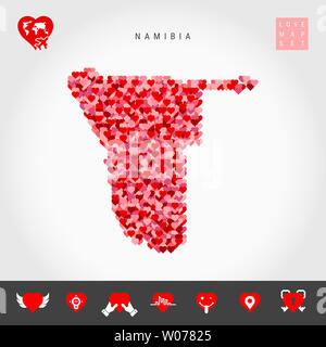 Ich liebe Namibia. Rot und rosa Herzen Muster Karte von NamibiaIsolated auf grauem Hintergrund. Liebe Symbol gesetzt. Stockfoto