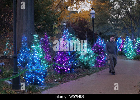 Besucher nach Missouri Botanical Gardens Spaziergang durch bunte Weihnachtsbäume während der Nacht der Garten Leuchten an der Missouri Botanical Gardens in St. Louis am 20. November 2015. Der Botanische Garten ist in buntes Licht zeigt die Bäume, Pflanzen und climatron verwandelt, ein Gewächshaus in einer geodätischen Kuppel umschlossen. Foto von Bill Greenblatt/UPI Stockfoto