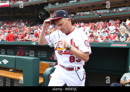 St. Louis Cardinals Interim Manager Mike Shildt nimmt, um das Feld für ein Spiel gegen die Cincinnati Reds am Busch Stadium in St. Louis am 15. Juli 2018. Manager Mike Matheny und zwei andere Trainer, wurden am 14. Juli 2018 entlassen. Matheny benannt wurde Manager November 14, 2011 und kompiliert eine 591-473 gewonnen - Verlust kennzeichnen. Shildt hat ein Mitglied der Kardinäle Organisation seit 2004 gewesen und hat als bench coach für die Kardinäle, für die letzten zwei Jahre diente. Foto von Bill Greenblatt/UPI Stockfoto