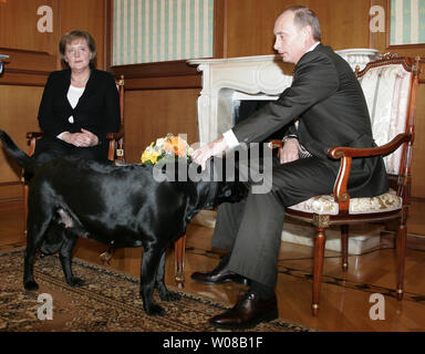 Der russische Präsident Wladimir Putin (R) Haustiere seine Labrador Koni zu Beginn seines Treffens mit Bundeskanzlerin Angela Merkel bei der Residenz des Präsidenten in der Nähe von dem Schwarzen Meer Kurort Sotschi am 21. Januar 2007. Merkel sagte, sie und Putin die sogenannte "Quartett" der internationalen Vermittler, ein neues Laufwerk, den Friedensprozess im Nahen Osten zu beleben unterstützt. (UPI Foto/Anatoli Zhdanov) Stockfoto