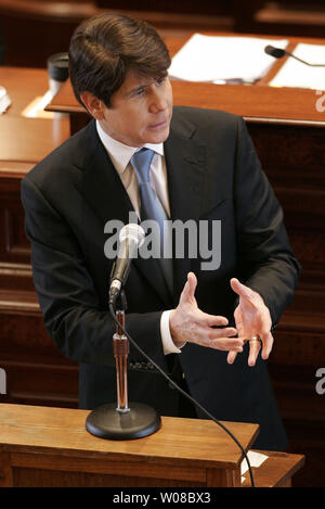 Illinois reg. Rod Blagojevich Adressen der Illinois Senat auf seine Amtsenthebung Versuch an der Illinois State Capitol in Springfield, Illinois, am 29. Januar 2009. (UPI Foto/Markierung Cowan) Stockfoto