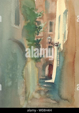 Altstadt Skizze mit Schatten Aquarell Hintergrund. Vintage Abbildung Stockfoto