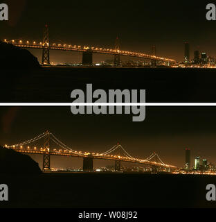 Die San Francisco-Oakland Bay Bridge fällt sein dekorative Leuchten auf die Seilzüge zur Aufhängung im Foto oben, in San Francisco am 29. März 2008. In Zusammenarbeit mit dem World Wildlife Fund, mehr als 25 Städte in 10 Ländern, stellte sich heraus, Lichter auf Sehenswürdigkeiten Unterstützung für die Bekämpfung des Klimawandels zu zeigen. Beginnend in Christchurch, Neuseeland, Earth Hour wird durch 14 Zeitzonen gerollt, bis Umhüllung in San Francisco. Die beleuchtete Brücke wird unten angezeigt. (UPI Foto/Terry Schmitt) Stockfoto