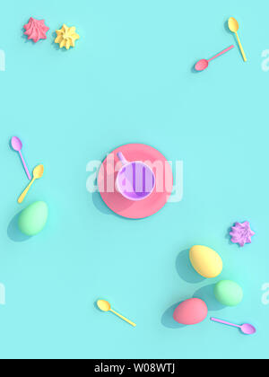 3D-Render Bild einer Schale mit Süßigkeiten und Eier, flacher Stil legen. Stockfoto