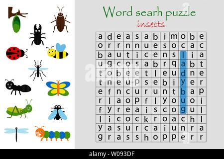 Word Search Puzzle für Kinder, insekt Thema, Spaß Bildung Spiel für Kinder, Vorschule Arbeitsblatt Aktivität, Vektor Stock Vektor
