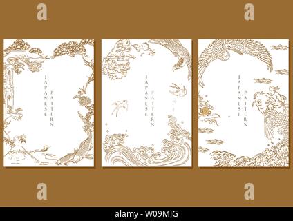 Japanische Schablone Vektor. Asiatische Bürste Lackierlinie Hintergrund. Kran, karpfen fisch, Dragon, Falcon, Fuji Berg Elemente. Stock Vektor