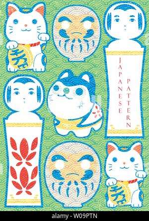 Japanische Symbole Vektor. Daruma Puppe, Kokeshi doll, winkte Ca und Hariko hund Puppe Vektor mit japanischen Muster Poster. Stock Vektor