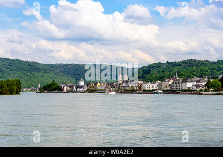 Blick auf Boppard am Rhein, Mittelrheintal, Mittelrhein, Kirche. Rheinland-pfalz (Rheinland-Pfalz), Deutschland UNESCO Stockfoto