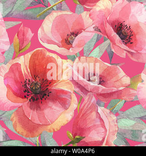 Nahtloses Muster mit Mohn. Handgezeichnete Aquarelltapete. Stockfoto