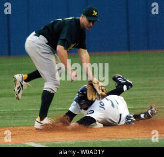 Reed Toronto Blue Jays" Johnson Tauchgänge, befindet sich jedoch in der zweiten Base auf die Wahl einer feldspieler als Oakland Athletics' Mark Ellis deckt das Spiel im zweiten Inning Maßnahmen auf das Rogers Centre in Toronto, Kanada, am 10. Mai 2006. Die Eichelhäher ging auf die Niederlage der A'S 9-7. (UPI Foto/Christine Kauen) Stockfoto