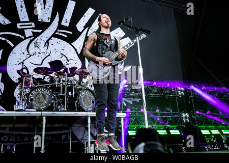 Kopenhagen, Dänemark - Juni 21., 2019. Die amerikanische heavy metal band Trivium führt ein Live Konzert während der dänischen Heavy Metal Festival Copenhell 2019 in Kopenhagen. Hier Sänger und Gitarrist Matt Heafy ist live auf der Bühne gesehen. (Foto: Gonzales Foto - Peter Troest). Stockfoto