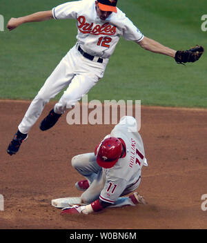 Die Baltimore Orioles Brandon Fahey (12) hat in der Luft hoch zu gehen Catch a von Ramon Hernandez auf einem Stehlen von Jimmy Rollins (11) von den Philadelphia Phillies im zweiten Inning an Orioles Park at Camden Yards, Baltimore, MD, am 28. Juni 2006 werfen. (UPI Foto/Mark Goldman) Stockfoto