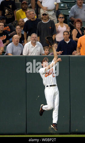 Die Baltimore Orioles Brandon Fahey (12) Macht einen Sprung in Tiefe linke Feld im ersten Inning auf einer Kugel Spitze, die durch die Minnesota Twins Torii Hunter am 24. August 2006 an Orioles Park at Camden Yards, Baltimore, Md (UPI Foto/Mark Goldman) Stockfoto