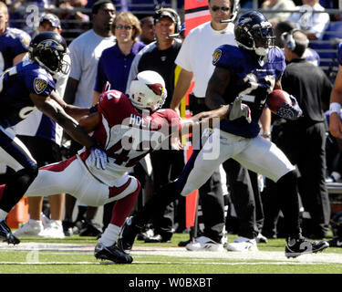 Baltimore Ravens zurück Willis McGahee laufen (23) Trägt für ein 17-Yard-Gewinn im zweiten Quartal gegen Arizona Cardinals Sicherheit Terrence Holt (42) Am 23. September 2007 bei M&T Bank Stadium in Baltimore, Maryland. (UPI Foto/Mark Goldman) Stockfoto