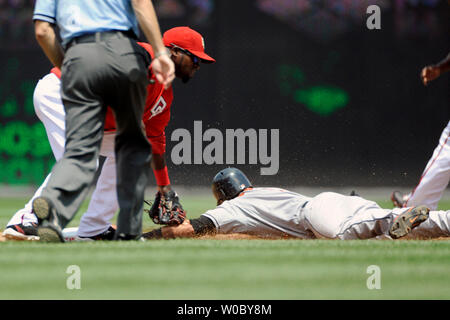 Baltimore Orioles Second Baseman Brian Roberts (1) wird von Washington Nationals shortstop Cristian Guzman (L) auf eine versuchte im 1. Inning am 29. Juni 2008 in Washington Nationals Park stehlen gekennzeichnet sind. (UPI Foto/Mark Goldman) Stockfoto