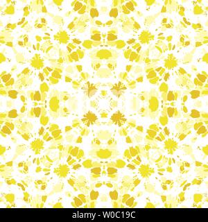 Leuchtend gelbe Monochrome Tie-Dye Shibori Sunburst Kaleidoskop gespiegelt Mandala auf weißem Hintergrund Vektor nahtlose Muster. Perfekt für den Frühling/Sommer Stock Vektor