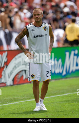 Los Angeles Galaxy David Beckham Aufwärmen vor dem Spielen der DC United am RFK Stadium in Washington am 29. Juni 2008. DC United besiegte die LA Galaxy 4-1. (UPI Foto/Patrick D. McDermott) Stockfoto