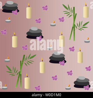 Nahtlose Muster mit brennenden Kerzen, rosa Phalaenopsis Orchidee, grüner Bambus und zen Steine Stockfoto