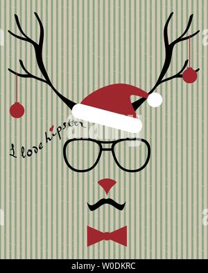 Abstract vector Hipster - Hirsche Silhouette mit Weihnachtsmütze, pilotenbrillen und Schnurrbart auf den Jahrgang gestreiften Hintergrund Stock Vektor