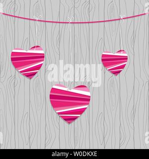 Valentine Karte mit gestreiftem Papier Herzen auf dem Holz Wand vector Hintergrund Stock Vektor