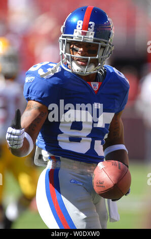 New York Giants wide receiver Sinorice Moos erwärmt sich vor dem Riesen Spiel gegen die Washington Redskins an FedEx Field am 23. September 2007. (UPI Foto/Kevin Dietsch) Stockfoto
