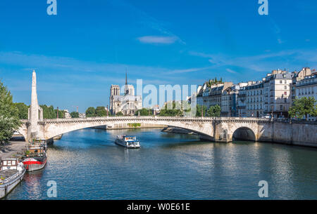 Frankreich, 4. Arrondissement von Paris, Pont de la Tournelle über den Fluss Seine, Cathedral Notre-Dame de Paris und Quai d'Orleans auf der Ile Saint-Louis Stockfoto