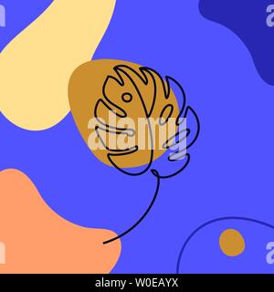 Monstera blatt Minimal Linienstil an. Kontinuierliche eine Strichzeichnung abstrakt Vektor, der von tropischen Palmen isoliert auf einem bunten blauen Hintergrund. Logo Template, werden Stock Vektor