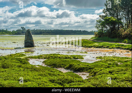 Frankreich, Bretagne, Finistere, Mündung des Flusses Pont l'Abbé, Menhir von Penglaouic (3000-2000 v. Chr.) teilweise durch Wasser. Stockfoto