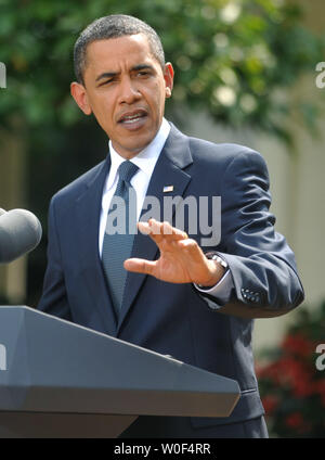 Präsident Barack Obama spricht während einer gemeinsamen Verfügbarkeit mit der irakische Premierminister Nouri al-Maliki im Rosengarten des Weißen Hauses in Washington am 22. Juli 2009. (UPI Foto/Kevin Dietsch) Stockfoto