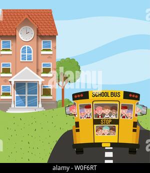 Schulgebäude und Bus mit Kindern in der Straße Szene Stock Vektor