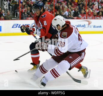 Washington Capitals Alex Ovechkin (8) verteidigt gegen die Phoenix Coyotes Vernon Fiddler (38) während der dritten Periode im Verizon Center in Washington am 23. Januar 2010. UPI/Alexis C Glenn Stockfoto