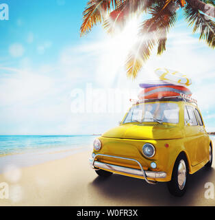 Beginnen Sie Sommer Urlaub mit ein altes Auto am Strand. 3D-Rendering Stockfoto