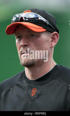San Francisco Giants' Aubrey Huff ist vor der Riesen Spiel gegen die Washington Nationals gesehen, an den Angehörigen Park in Washington am 9. Juli 2010. UPI/Kevin Dietsch Stockfoto