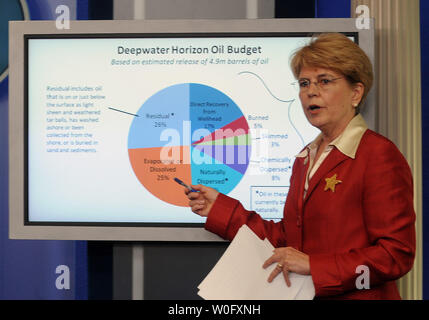 NOAA Administrator Jane Lubchenco diskutiert die BP Bemühungen um den Deepwater Horizon öl gut Dichtung bei einem Briefing in der Brady Press Briefing Room des Weißen Hauses in Washington am 4. August 2010. UPI/Roger L. Wollenberg Stockfoto