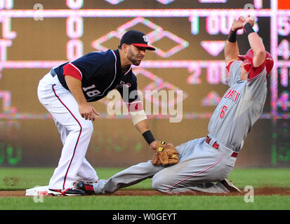 Cincinnati Reds" zog die Stubbs stiehlt sicher Sekunde gegen Washington Nationals' zweite Basisspieler Danny Espinosa im ersten Inning an den Angehörigen Park in Washington am 16. August 2011. UPI/Kevin Dietsch Stockfoto