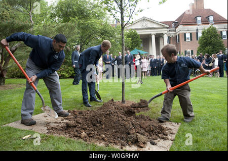 Prinz Harry hilft einen Baum in der britischen Botschafter Residence Garden in Anerkennung der amerikanischen und britischen verwundeten Krieger zu Pflanzen, in Washington, D.C. am 7. Mai 2012. UPI/Kevin Dietsch Stockfoto