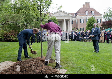 Prinz Harry hilft einen Baum in der britischen Botschafter Residence Garden in Anerkennung der amerikanischen und britischen verwundeten Krieger zu Pflanzen, in Washington, D.C. am 7. Mai 2012. UPI/Kevin Dietsch Stockfoto