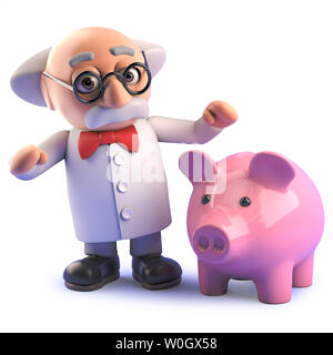 3D-Bild von einem verrückten Professor mit verrückten Wissenschaftler ein großes rosa Sparschwein gerendert Stockfoto