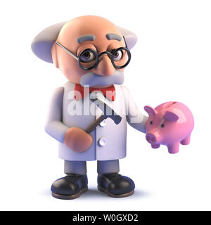 Das gerenderte Bild von einem Cartoon verrückte Wissenschaftler Professor bereit, sein Sparschwein zu zertrümmern, 3D-Darstellung Stockfoto