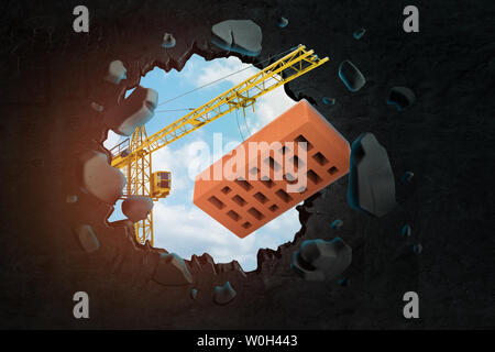 3D-Rendering von hebekran Roten perforierte Ziegel und Brechen das Loch im schwarzen Wand mit blauer Himmel durch gesehen. Stockfoto