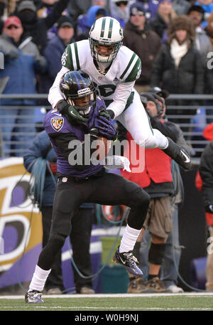 Baltimore Ravens cornerback Corey Graham fängt ein Pass für die New York Jets wide receiver David Nelson bei M&T Bank Stadium in Baltimore, Maryland am 24. November 2013 vorgesehen. Die Ravens besiegten die Jets 19-3. UPI/Kevin Dietsch Stockfoto