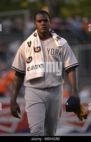 New York Yankees Krug Michael Pineda (35) nimmt das Feld vor der Yankees Spiel gegen die Baltimore Orioles an Orioles Park at Camden Yards am 13. August in Baltimore, Maryland, 2014. UPI/Kevin Dietsch Stockfoto