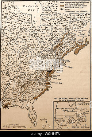 Ein 30er schoolbook Karte der französischen und englischen Siedlungen in Nordamerika und Kanada 1650 und 1700 Stockfoto